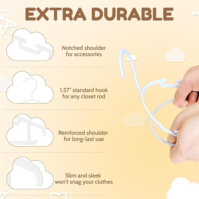 Kids Plastic Hangers, Baby Clothes Hangers for Closet 50 Packs Non-Slip Toddler Hangers for Infant Child Clothing, Small Children, for Pants Coats Skirts (White)
