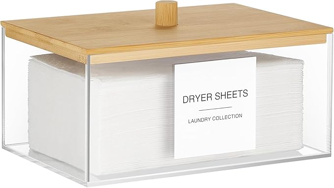 TIPGO Acrylic Dryer Sheet Holder with Lid, Clear Laundry Sheets Container with 27 Labels, Laundry Pods Storage for Laundry Room Organization