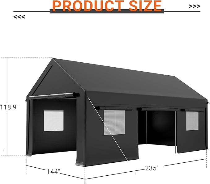 Carport, 12x20 FT Heavy Duty Carport, Portable Garage with Roll-Up Windows & Side-Opening Door, Car Canopy Reinforced Four-Hole Base for Car, Truck, Boat, Motorcycle