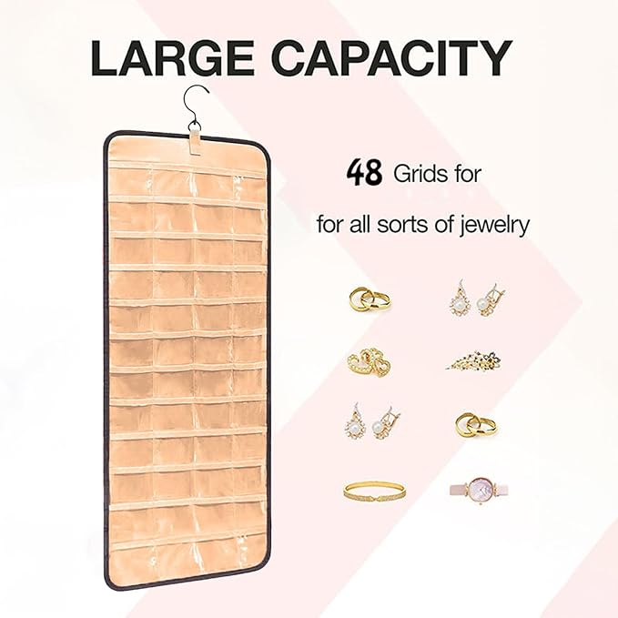 Hanging Jewelry Organizer Storage Roll with Hanger Metal Hooks Double-Sided Jewelry Holder for Earrings, Necklaces, Rings on Closet, Wall, Door, 1 piece, Extra Large, Black