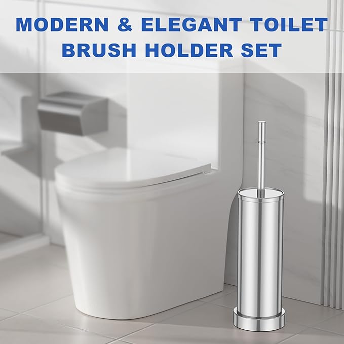 304 Stainless Steel Toilet Brush and Holder Set, Heavy Duty Toilet Bowl Brush and Holder with Removable Inner Bowl, Splash Protection, Long Handle for Bathroom