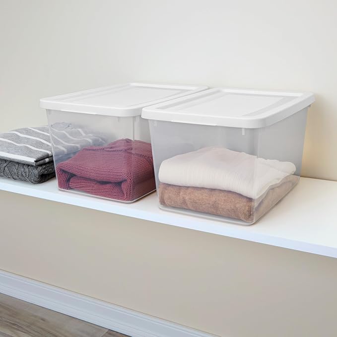 Sterilite 24 Pack Storage Boxes, Clear Plastic Stackable Containers, Lightweight Home Organizers with Snap Lids, 20 Quart, White