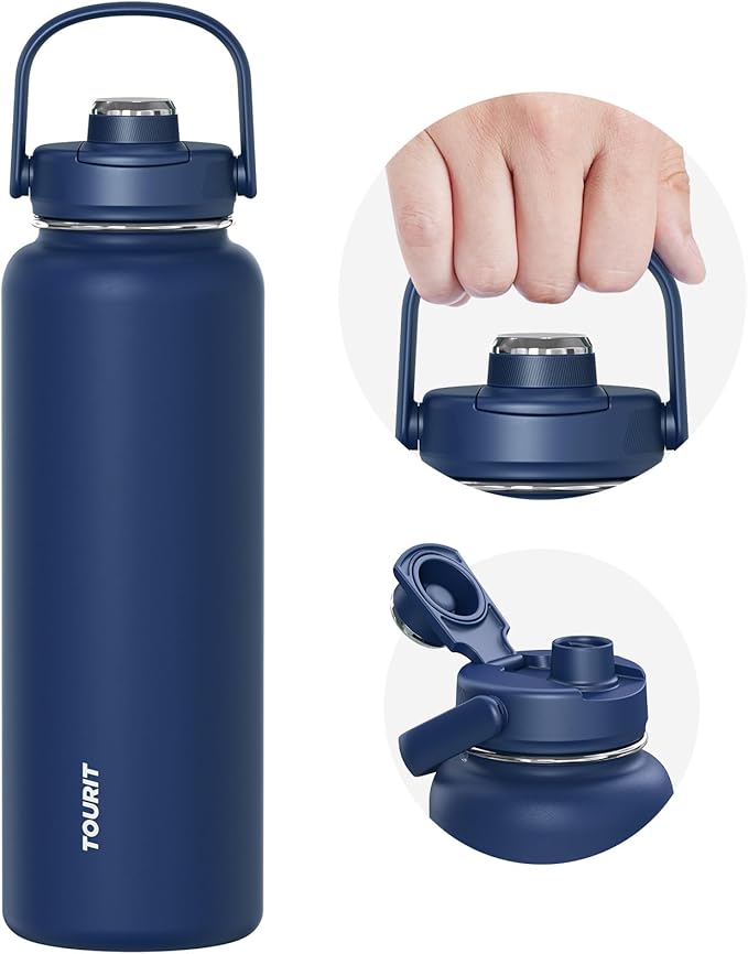 TOURIT 40 oz Insulated Water Bottle, Stainless Steel Sports Water Bottles With Top Handle, Double-Wall Travel Thermal Water Flask, BPA Free Leakproof Water Bottle for Sports, Midnight Blue
