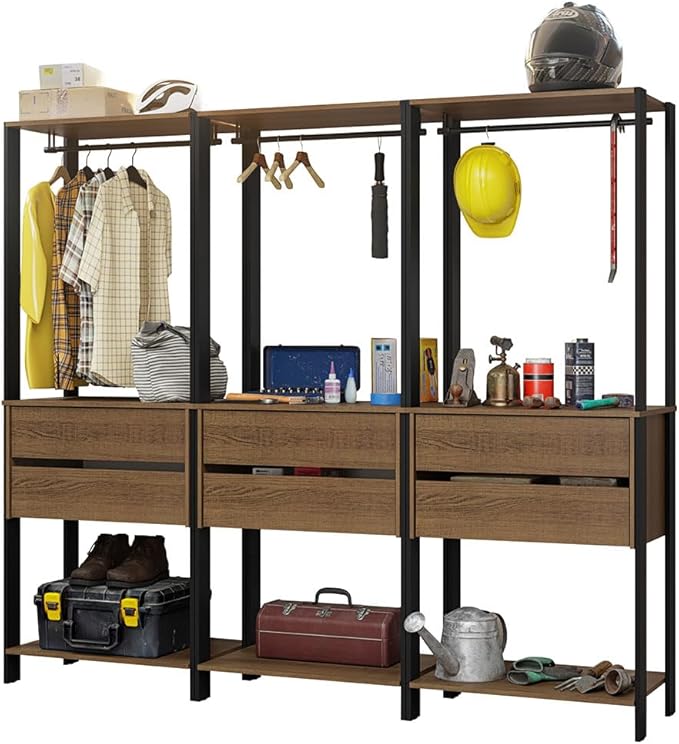 Madesa Garage Storage Rack with 6 Drawers and Hanging Spaces 82" L Multiuse Modular Organization Cabinet for Tools (BLACK/BROWN)