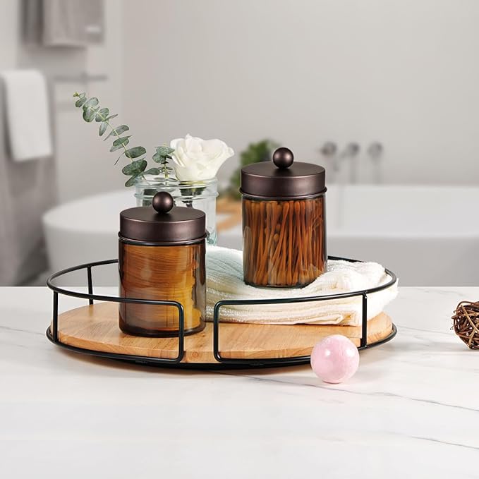 Amolliar Amber Glass Qtip Holder, Apothecary Jars with Bronze Metal Lid & Stickers-Bathroom Qtip Dispenser Storage Organizer Set,Vanity Counter Canister for Cotton Swabs,Round Floss(2 Pack)