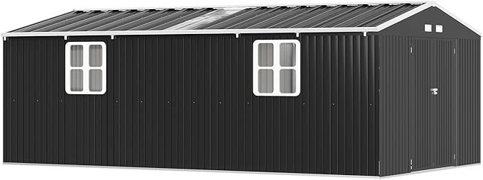 VanAcc 12x20x7.2 FT Outdoor Storage Shed with 2 Transparent Panels, Metal Garden Shed with Hinged Double Doors, Windows & Vents, Reinforced Steel Frame for Backyard Garden, DIY Workshop, Dark Gray