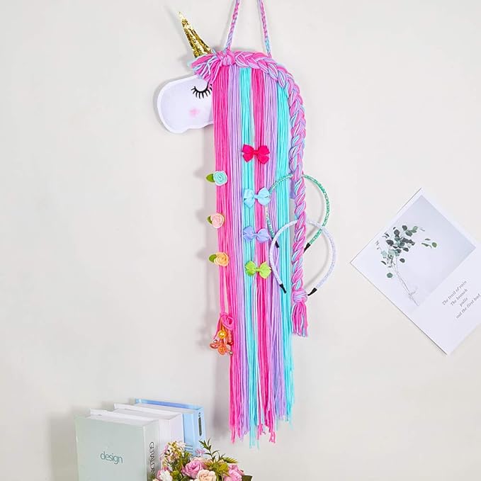 Beinou Hair Clips Holder Unicorn Hairbow Holder Colorful Yarn Tassel Headband Holder Organizer Shy Unicorn Face Home Decor Hair Accessories Storage for Girls Unicorn Party