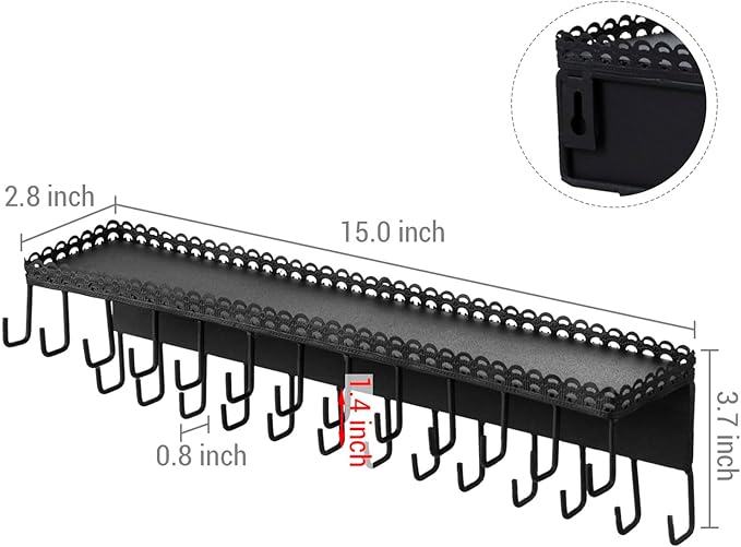 MyGift 15 Inch Wall Mounted Matte Black Metal Jewelry Organizer & Display Shelf with Vintage Lace Design, Hanging Perfume Storage and 26 Hook Necklace Hangers