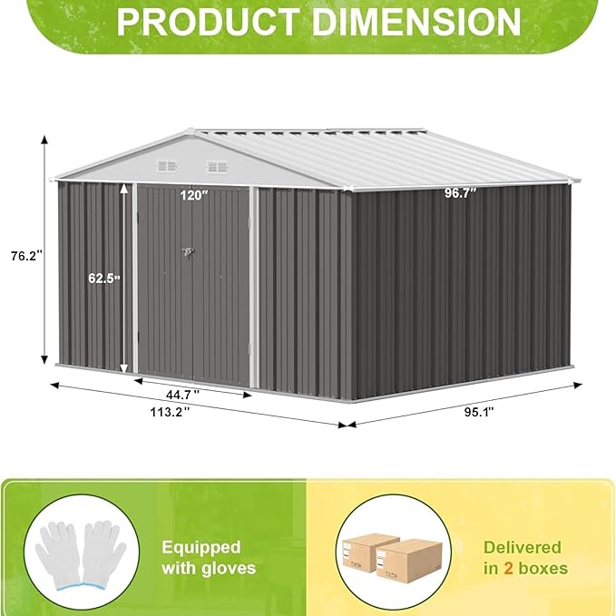 JUMMICO 10 x 8 FT Outdoor Storage Shed, Large Metal Garden Shed & Tool Sheds for Backyard Garden Patio Lawn (Grey)