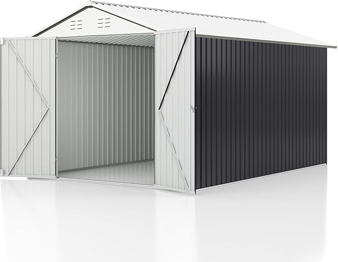 10x14 FT Outdoor Storage Shed, Garden Shed with Updated Frame Structure and Lockable Doors, Metal Tool Sheds for Backyard Garden Patio Lawn, White