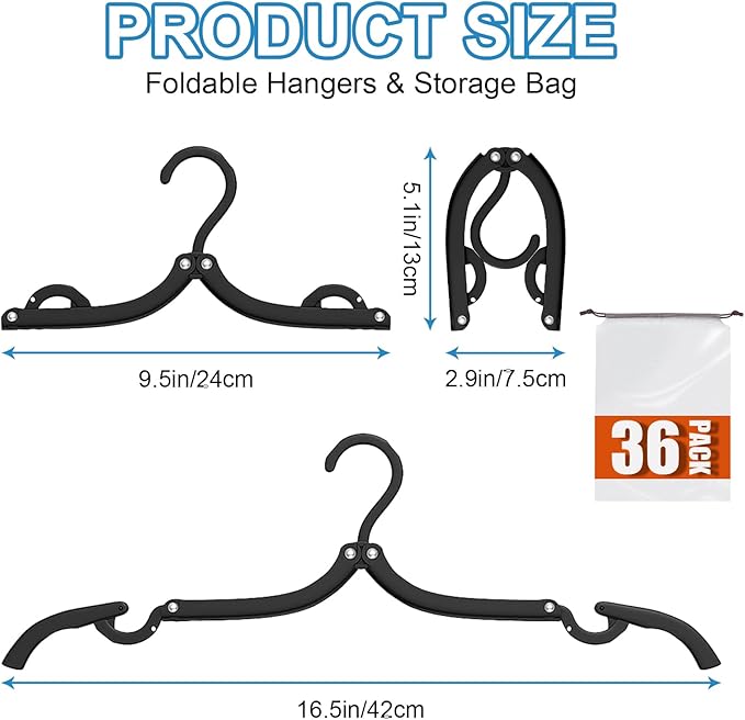 36 PCS Travel Hangers - Cruise Ship Essentials Portable Folding Clothes Hangers Travel Essentials Foldable Clothes Drying Rack for Travel (Black)