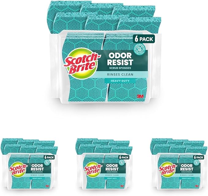 Scotch-Brite Odor Resist Heavy Duty Scrub Sponge,Dishwasher-Safe Kitchen sponges for Serious Scrubbing,Multipurpose Dish Sponge for Stuck-On Messes,6 Scrubbing Sponges,(Pack of 4)