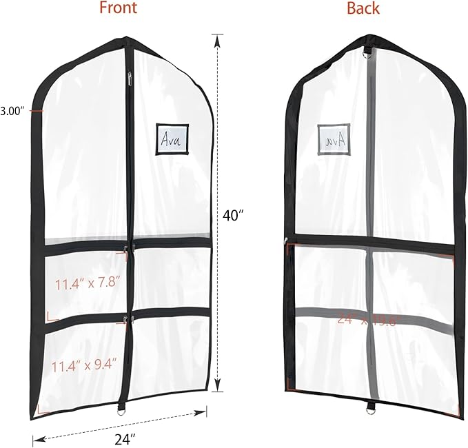 Univivi Clear Black PVC Dance Costume Bags Garment Bag 40 Inch for Dance Competitions, with 4 Medium Clear Zipper Pockets and 1 Large Back Zippered Pocket [Upgraded Version] (40'' x 24'' 6 Pack)