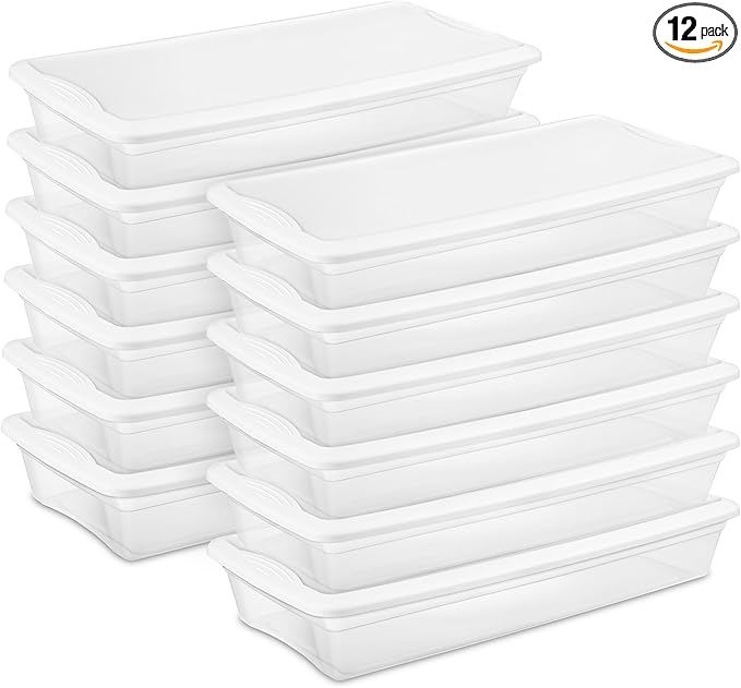 Sterilite 12-Pack 41 Quart Storage Box, Stackable Clear Plastic Bins with Snap-On Lids - Heavy-Duty Organizing Containers for Closet, Bathroom, and Office