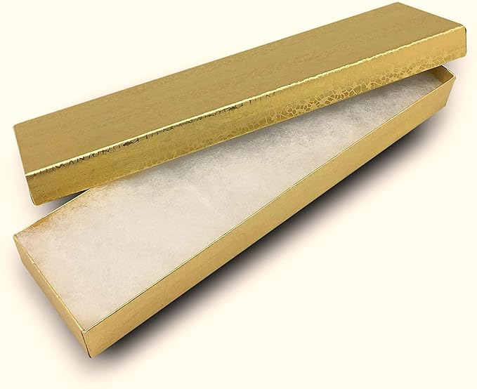 10 Pack Gold Foil Cotton Filled Paper Cardboard Jewelry box for Necklace, Watch, Bracelets, Pen, Pocket Watches, Anklets for Wedding, Anniversary, Engagement, Birthday Size- 8.1" x 2.2" x 1"