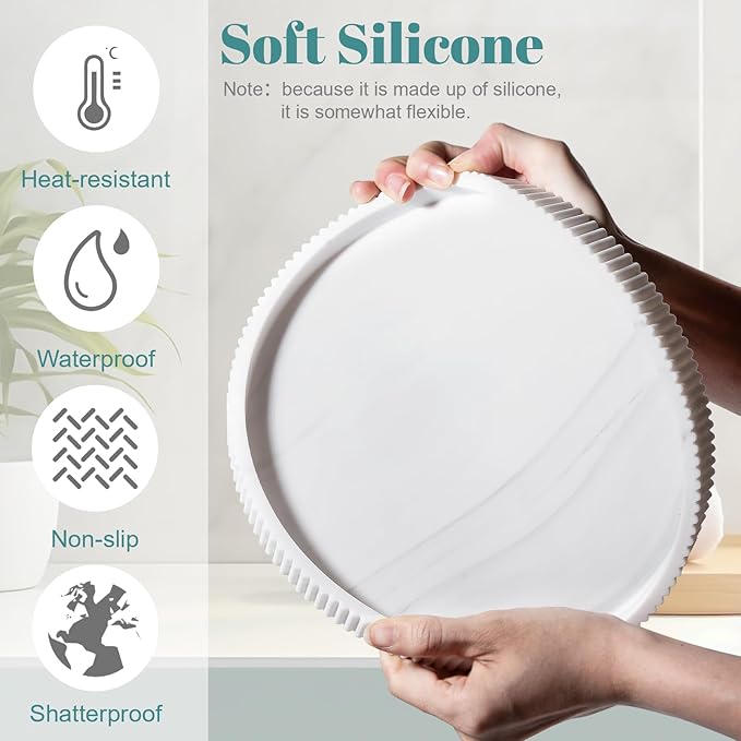Silicone Bathroom Tray Round Kitchen Counter Organizer Decorative Vanity Accessories Coffee Table Decor for Perfume, Candle, Soap Dish, 10 Inch, Marble