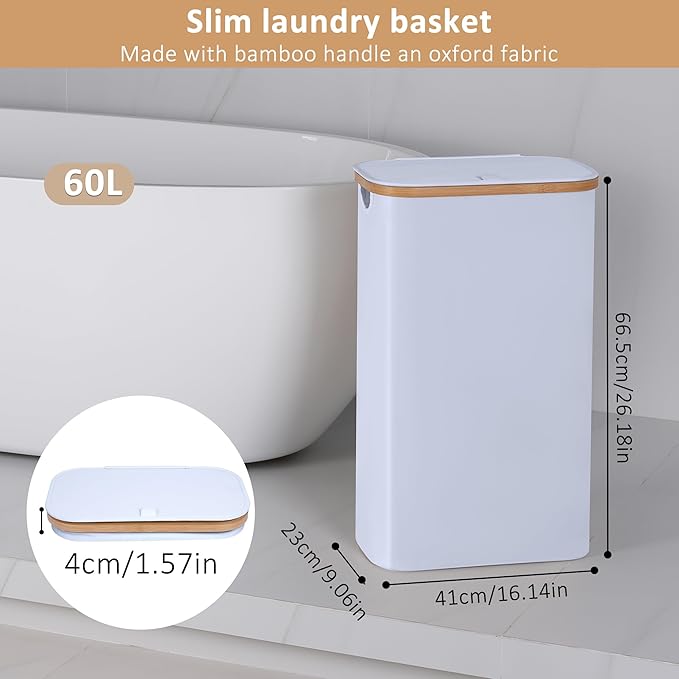 60L Slim Laundry Hamper, Narrow Laundry Basket with Lid,Foldable Clothes Hamper with Bamboo Handles,Hamper Basket with Removable Inner Bag for Laundry Room Bedroom College Dorm,15.85 Gals White