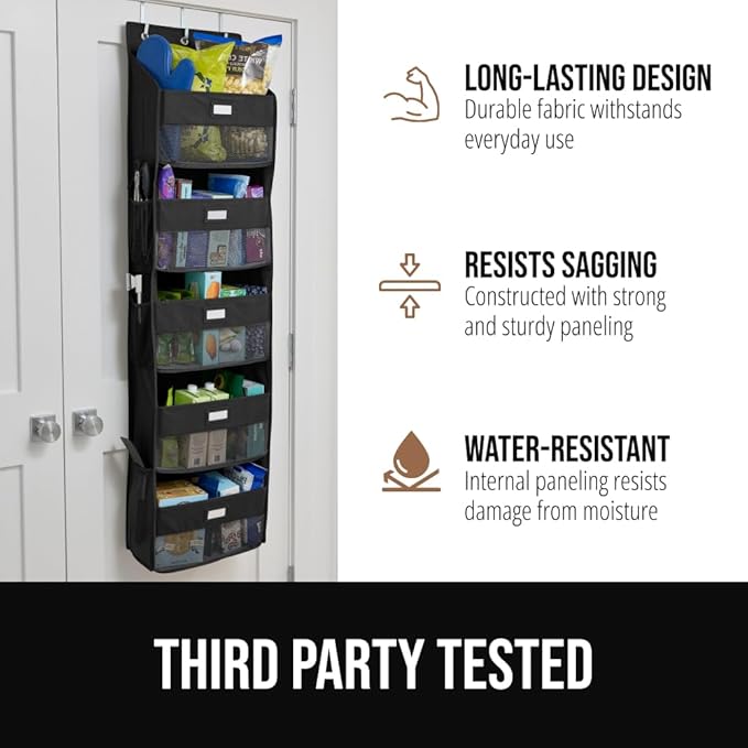 GORILLA GRIP Over The Door Organizer Storage, 5 Deep Hanging Shelves, Holds 50lbs, Closet Organizers Shelf for Bedroom, Bathroom, Nursery, Dorm Essentials, 3 Metal Hooks, 58x15 Inches, Black