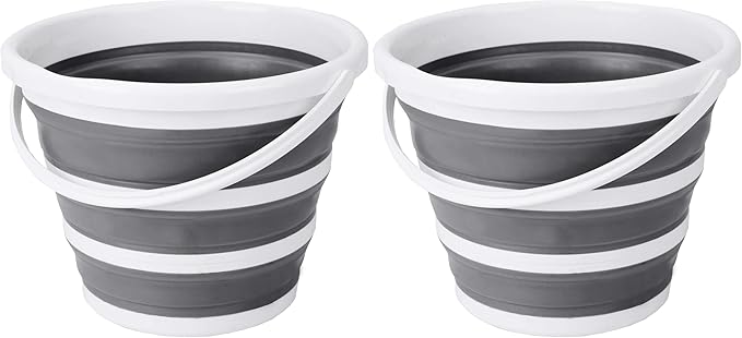 Eurow Indoor and Outdoor Collapsible Bucket with Handle, 10 Liters, 2.6 Gallons, Gray and White (Pack of 2)