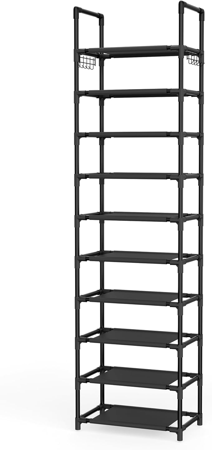 10 Tiers Shoe Rack 25 Pairs Large Capacity Tall Shoe Organizer Sturdy Shoe Storage with Two Hooks Space Saving Metal Narrow Shoe Rack for Closet, Entryway, Bedroom, Black