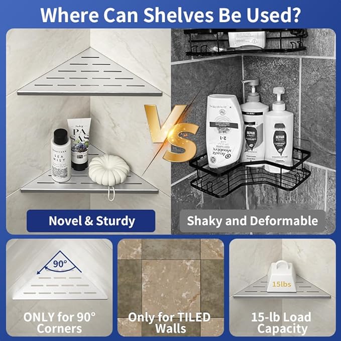 Corner Shower Shelf 10", Brushed 304 Stainless Steel Slot Design Recessed Corner Shelves Bathroom Grout in Shelf for Tiled Wall, 2 Pack