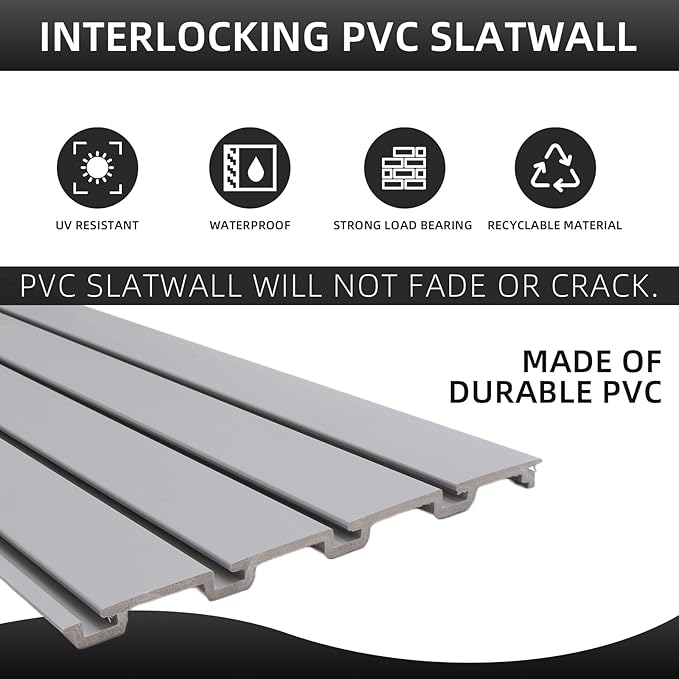 Slatwall Panel Garage Organizer Heavy Duty Wall Mounted, PVC Slat Panels Home Storage System, Tool Organization Peg Board 4ft by 4ft (Gray)