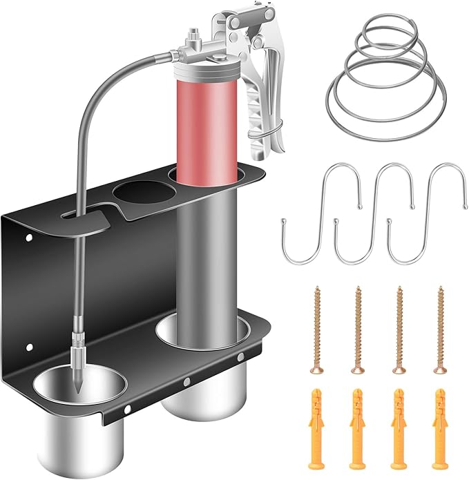 Grease Gun Holder, Wall Mount Grease Gun Storage Rack/Organizer, Hand Grease Gun Holder Rack for Workshop, Shop, Garage, W/Removable Drip Cups, Spare Cartridge Holder and Separate Spring