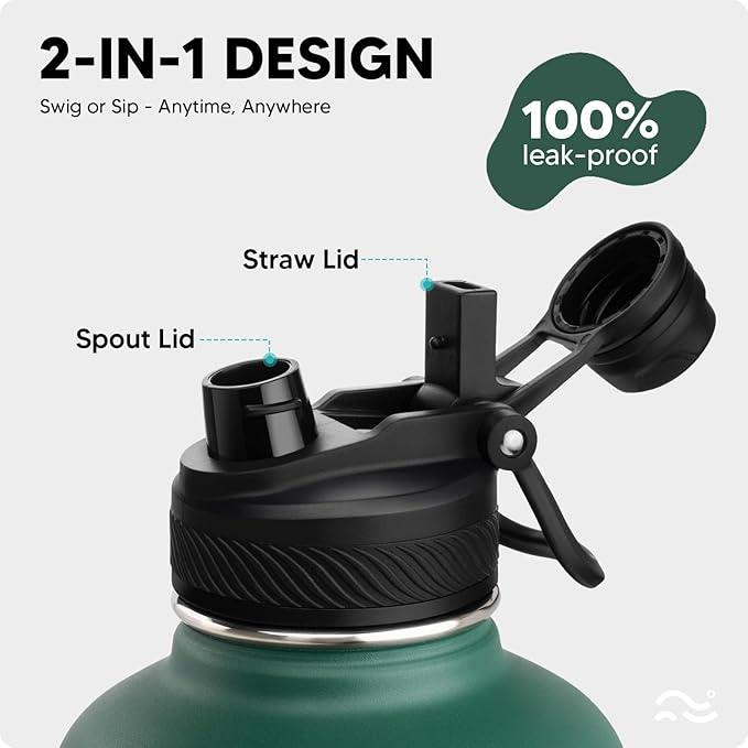 Insulated Water Bottle with Silicone Boot (36hrs Cold/18hrs Hot) - DIY Stickers, [2-in-1 Lid], BPA Free, 64 oz