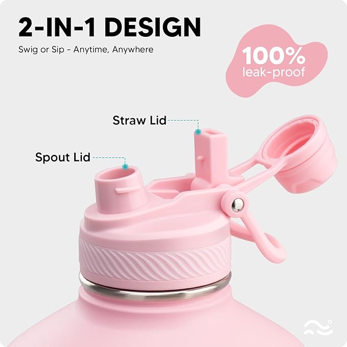 [2-IN-1 LID] Gallon Insulated Water Bottle with Silicone Boot (48hrs Cold/24hrs Hot) - DIY Stickers, Leakproof, BPA Free, 128 oz