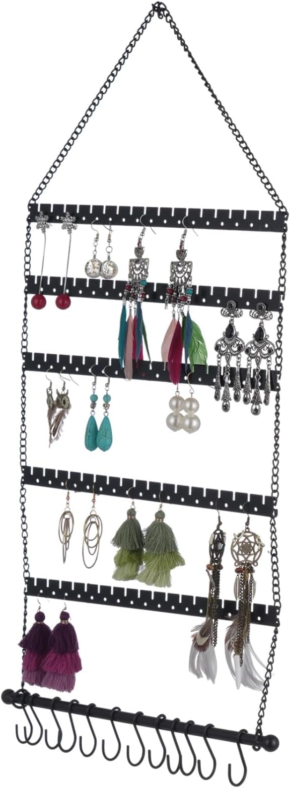 Wall Mounted Jewelry Organizer, 19.3 x 9.8 in, 6-Tier Foldable Hanging Earring Organizer with 10 Hooks, Black Metal Earring Holder Display Rack