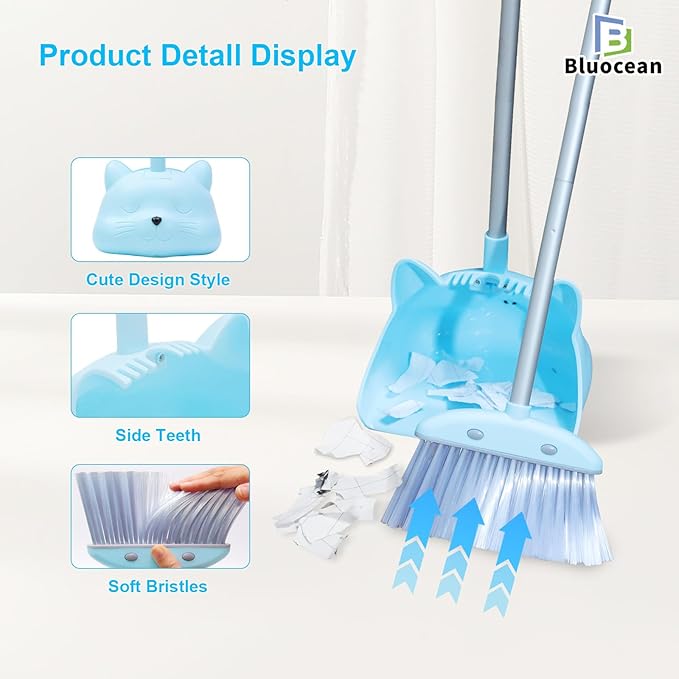 28'' Kids Mini Broom and Dustpan Set - Toddler Cleaning Toy, Toddler Household Helper, Parent-Child Interactive Play Cleaning Tool, Cute Cartoon Design, Small Safe Corner Broom (Blue Bubble)