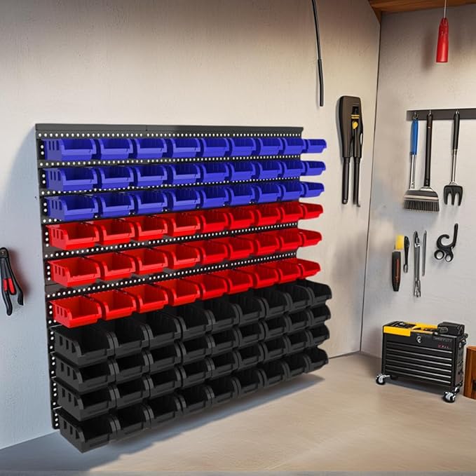 90PCS Heavy-Duty Wall Mounted Storage Bins - Plastic Adjustable Compartment Organizer for Nuts, Bolts, Screws & DIY Tools | Garage, Workshop Wall Rack