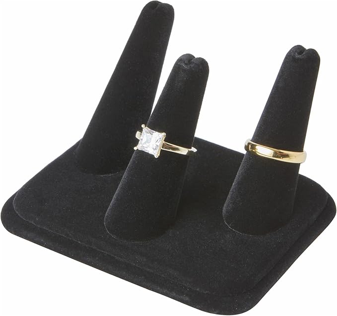Plymor Black Velvet Ring Finger Display, Three on Rectangular Base, 4.125" W x 3.25" D x 2.25" H (Pack of 2)