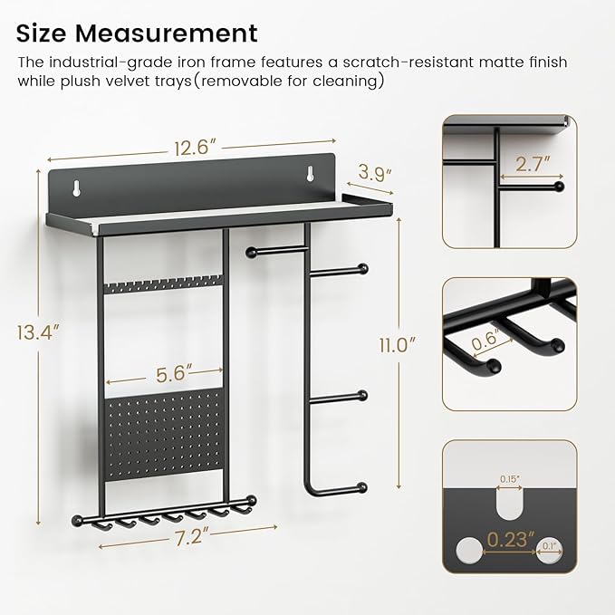 Wall Mounted Jewelry Organizer with Shelf: Metal Display Stand with Velvet Pad, Multi-Layer Necklace Hanging Rack for Bedroom Bathroom Space Saving No-Drill Wall Decor