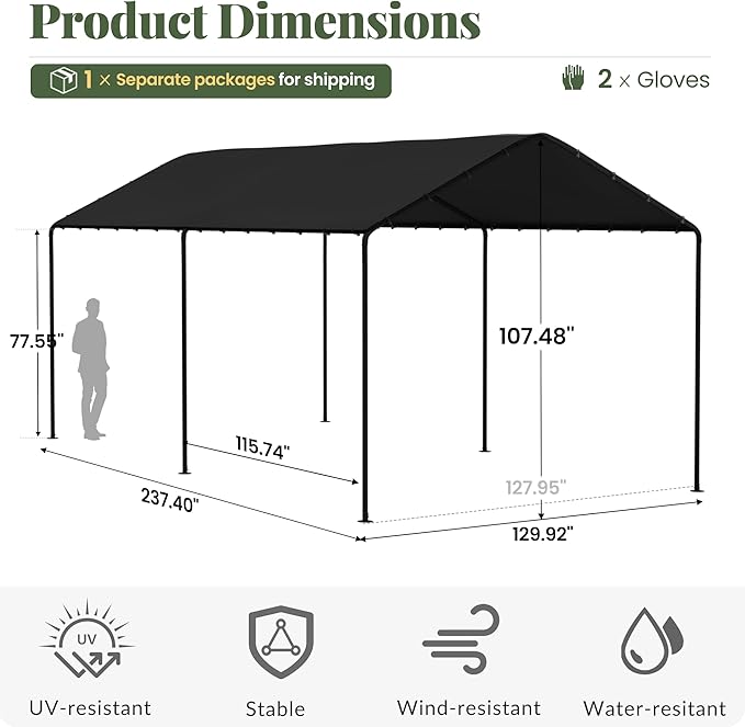 Carport, 10‘ x 20’ Heavy Duty Portable Garage All-Season Car Canopy, Outdoor Garage Boat Shelter Carport Canopy Party Tent w/Water-Resistant Tarp for Backyard (Black, 10' x 20' /no Side)