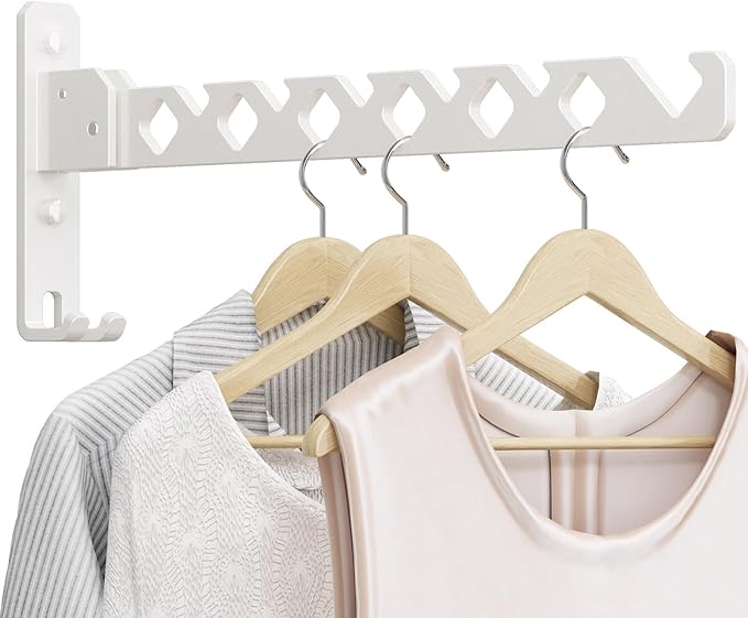 Wall Mounted Clothes Drying Rack, Wall Clothes Hanger Foldable, Laundry Hanger Hook for Bathroom, Wall Clothes Rack Indoor, Perfect for Small Spaces, White