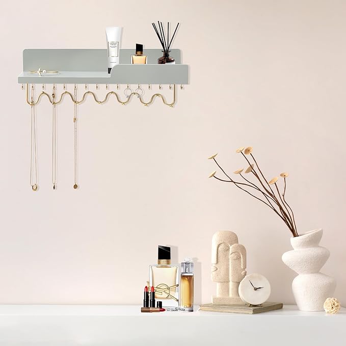 29 Hooks Wall Mount Necklace Holder Organizer, Gray Decorative Wood Jewelry Shelf with Gold Metal Wave Bar and Guardrail for Necklace, Pendant, Chain, Bracelet