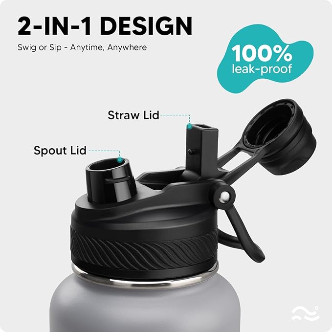 [2-IN-1 LID] Insulated Water Bottle with Silicone Boot (36hrs Cold/18hrs Hot) - DIY Stickers, Leakproof, BPA Free, 40 oz