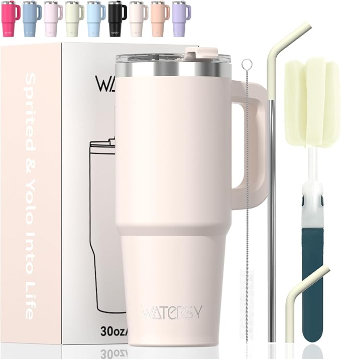 30 oz Tumbler with Handle,Tumbler with Lid and Straw,Double Wall Insulated Cup Stainless Steel Travel Mug(Cold for 34 Hours),Water Bottle for Iced Tea,Coffee,Cold Beverages(Ivory Beige)