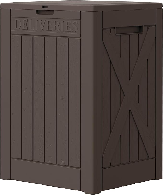 Greesum 52 Gallon Large Outdoor Package Delivery Box for Porch, Lockable Secure Double-Wall Resin Storage Box, Waterproof Deck Box for Package Protection, Brown