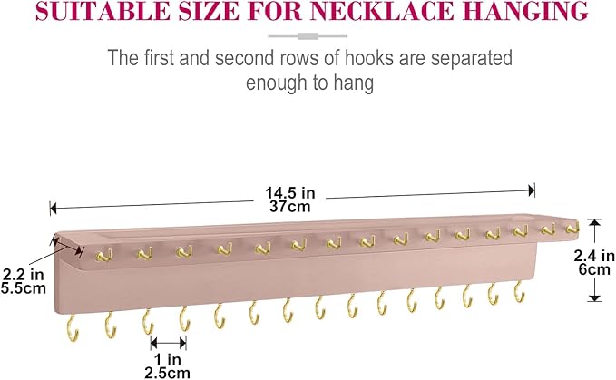 Necklace Holder, Upgraded Extra Large Wall Necklace Organizer with 30 Hooks Wall Mounted Necklace Hanger with Jewelry Tray/Cosmetics Shelf Rustic Pine Wood Holder (Pink)