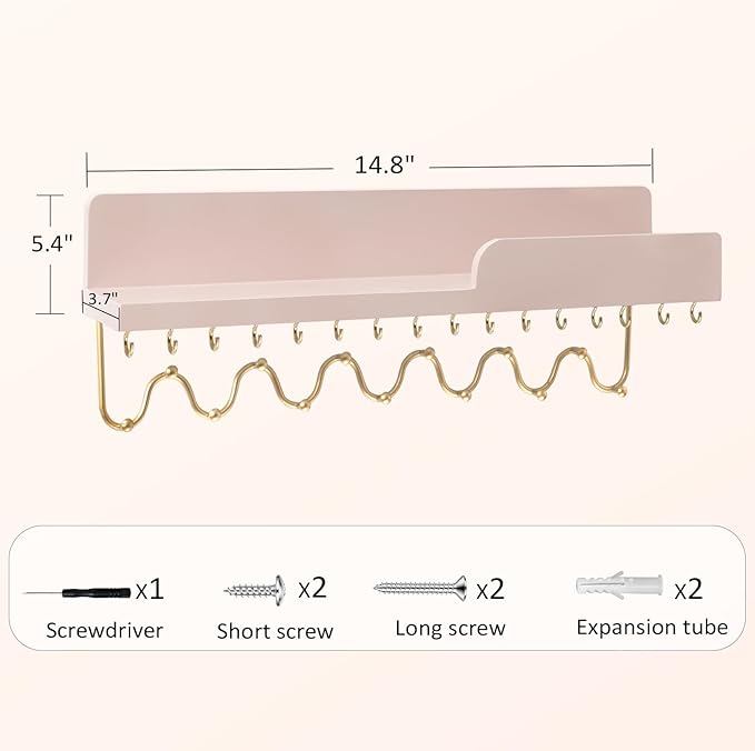 29 Hooks Wall Mount Necklace Holder Organizer, Pink Decorative Wood Jewelry Shelf with Gold Metal Wave Bar and Guardrail for Necklace, Pendant, Chain, Bracelet