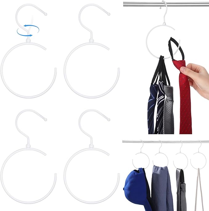 4 Pack Belt Hangers for Closet Rotatable Belt Ring Hook Tie Rack Holders Closet Hanger Organizer for Ties Scarves Baseball Cap Wardrobe Accessory Storage(White)