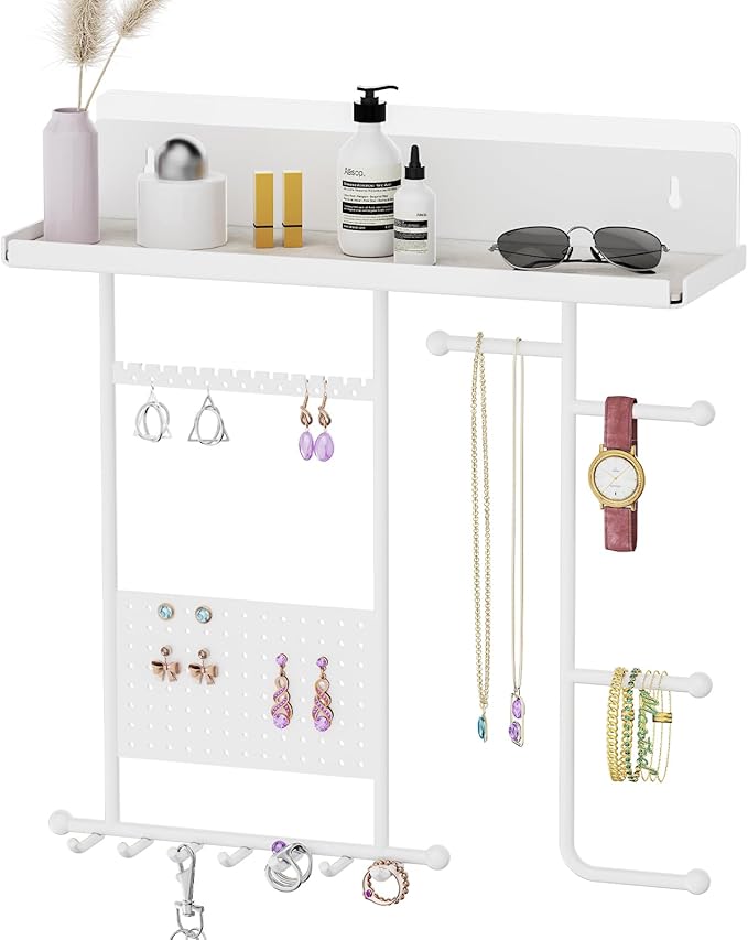 Wall Mounted Jewelry Organizer with Shelf: Metal Display Stand with Velvet Pad, Multi-Layer Necklace Hanging Rack for Bedroom Bathroom Space Saving No-Drill Wall Decor