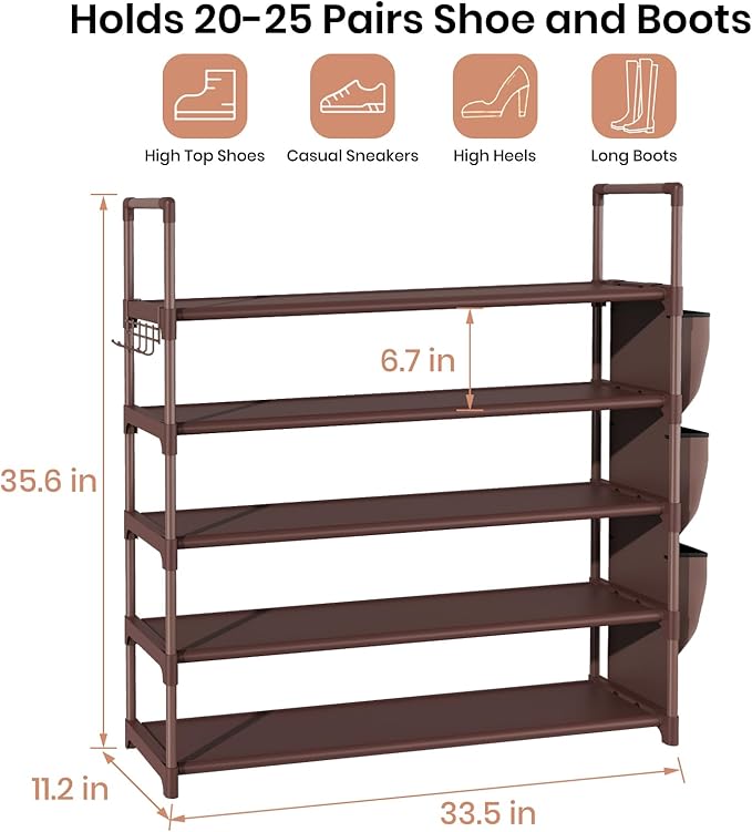 Shoe Rack for Closet Shoe Organizer Space Saver Storage for 20-25 Pair Shoe Shelf with Hook and Side Pocket Free Standing 5 Tier Shoe Rack Organizer for Entryway,Small Spaces, Brown
