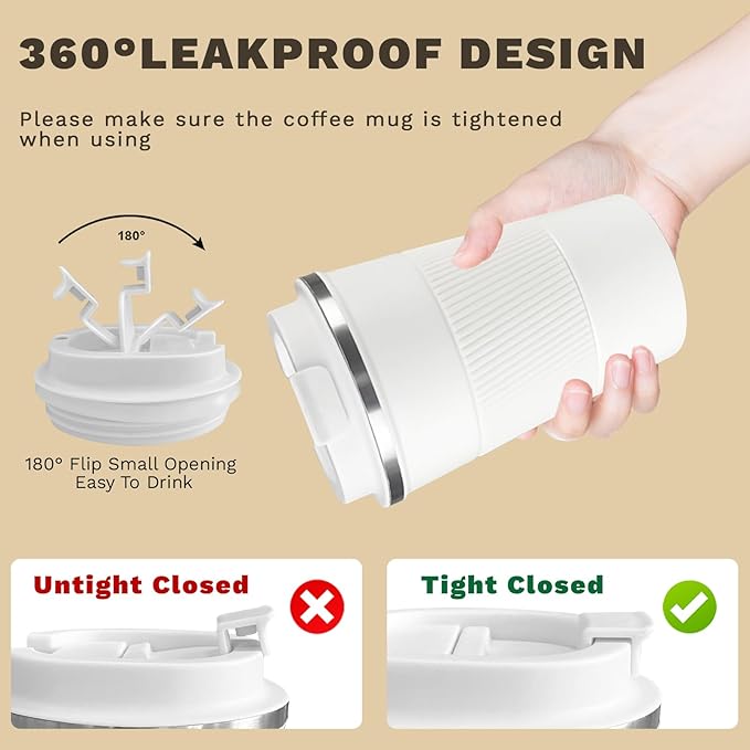 Vacuum-Insulated Stainless Steel Travel Coffee Mug, Leak-Proof Reusable Coffee Cup with Lid - Keep Hot & Cold Drinks for Hours, Durable Insulated Tumbler for Men & Women(3rd-White, 17OZ)