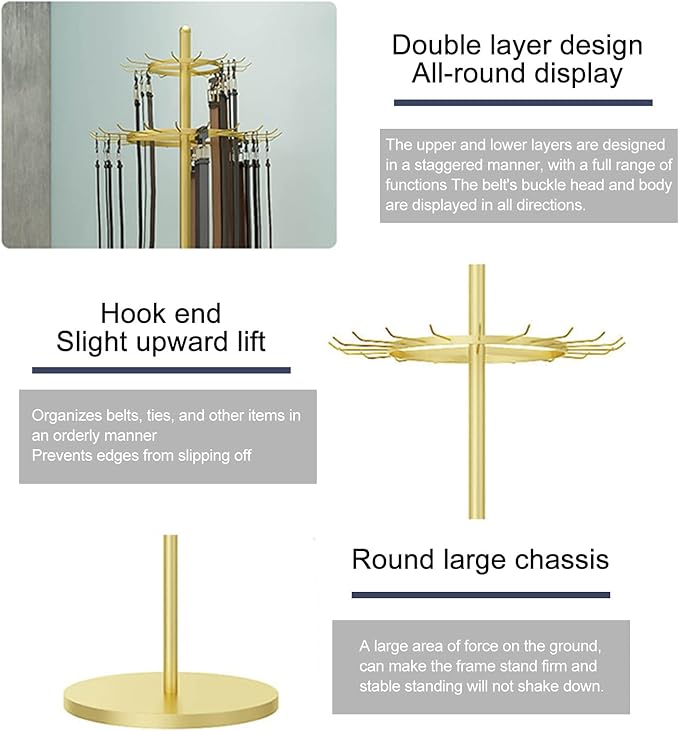 Floor Standing Belt Display, 66.2in Metal Retail Tie Rack Hanger Organizer, Scarf Stand Shawls Purse Shelf for Clothing Store Bedroom Business, Space Saving (Color : Gold, Size : 66.2X19.7IN)