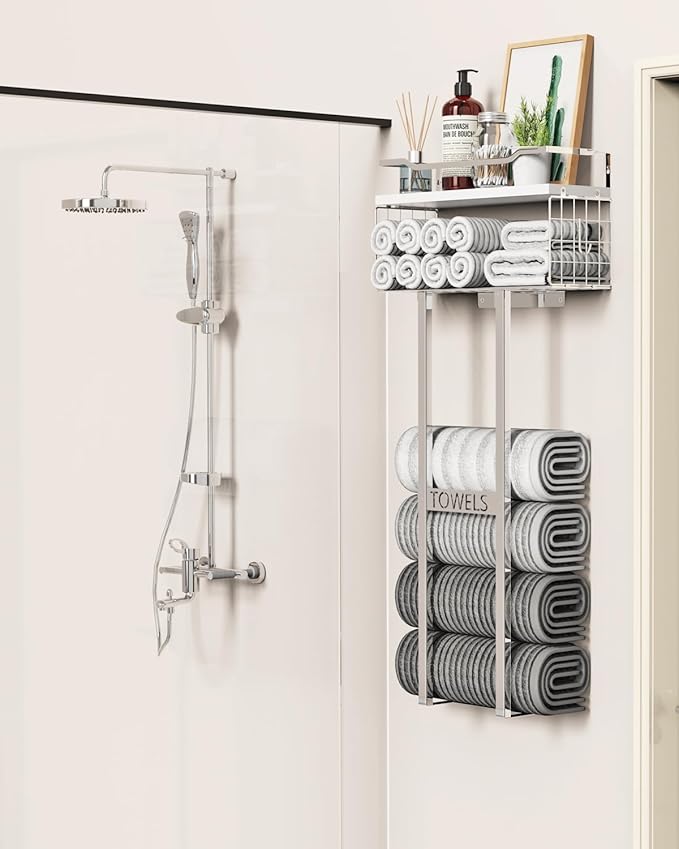 Towel Racks for Bathroom - Wall Mounted Metal Rack with Wood Plank, Bathroom Storage Organizer, Towel Holder Stores 6 Large Rolled Towels Easily, Silver with White Plank