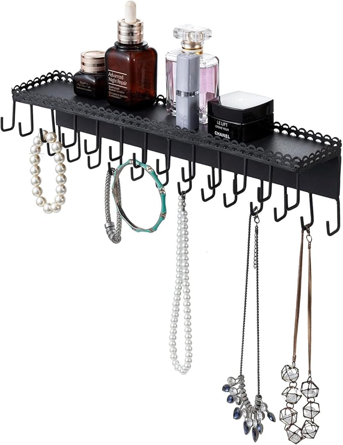 MyGift 15 Inch Wall Mounted Matte Black Metal Jewelry Organizer & Display Shelf with Vintage Lace Design, Hanging Perfume Storage and 26 Hook Necklace Hangers