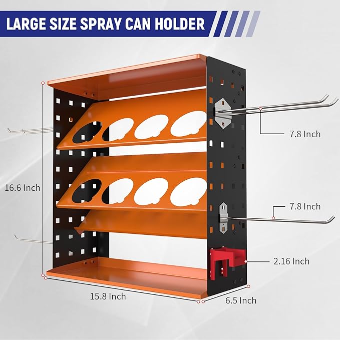 Wall Mount Spray Can Holder, Aerosol Spray Bottle Holder Storage Rack, Heavy-Duty Paint Bottle Organizer with 8 Can Holes & 4 Steel Hooks, 4 Plastic Hooks for Garage, Shop, Home or Tool Trailer
